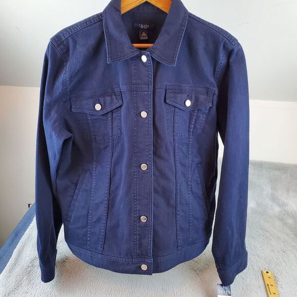 Chaps Jackets & Blazers - Chaps Denim Jacket Women XL Navy Blue Trucker Style Harrington Button Front Coat
